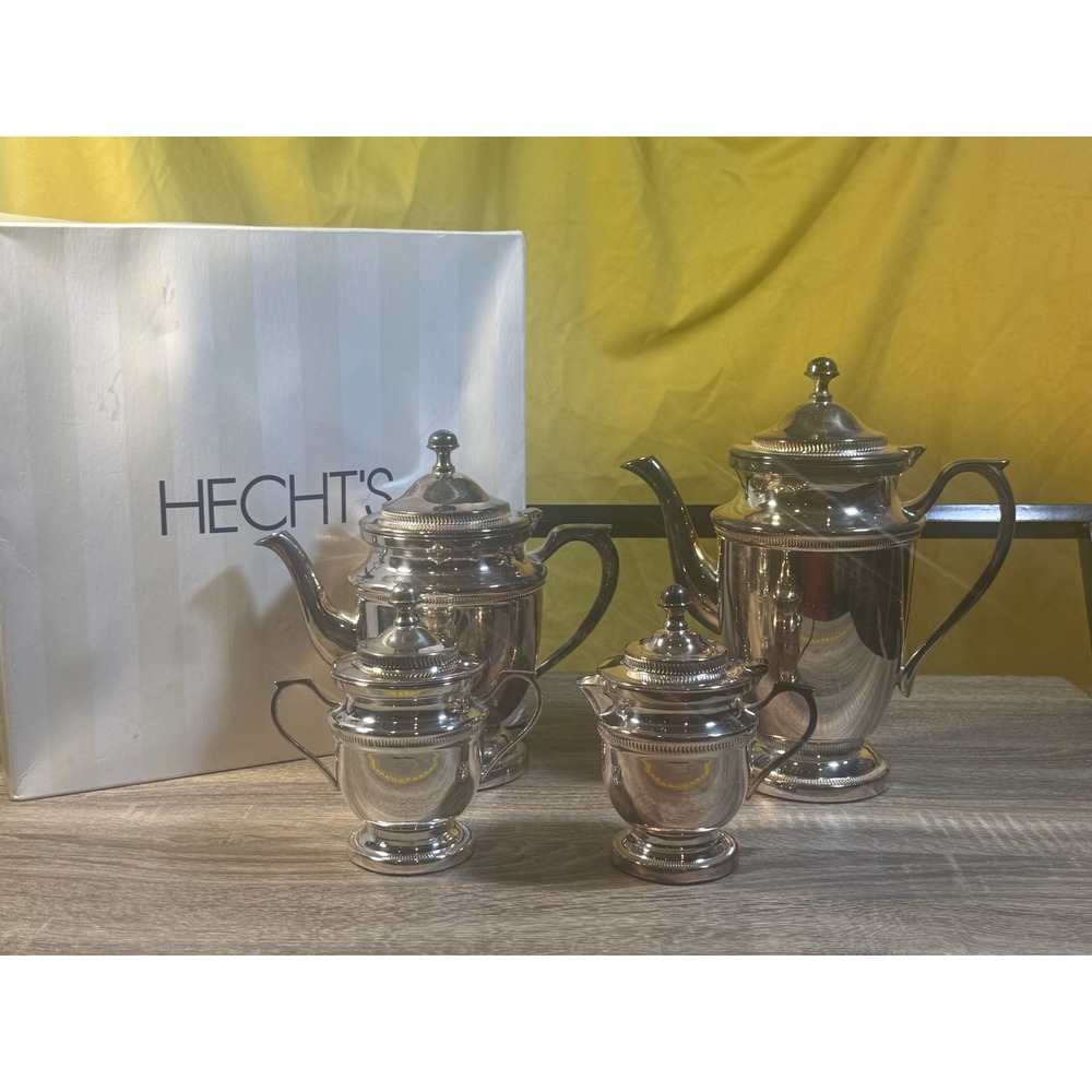 Vintage Hecht's Silver Plated 4 Piece Tea Coffee Service Set Beaded Trim India